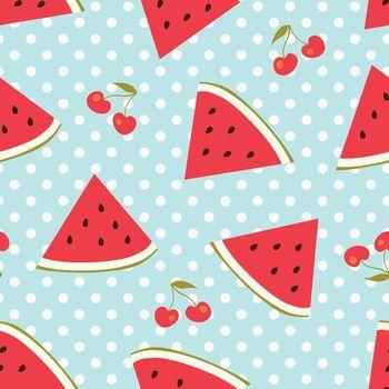 Arbuzy i wiśnie na miętowym tle w grochy