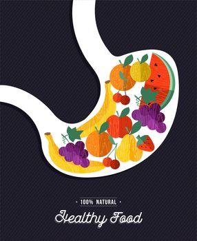 Ilustracja z kolorowymi owocami w żołądku
