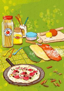 Ilustracja z pizzą i makaronem