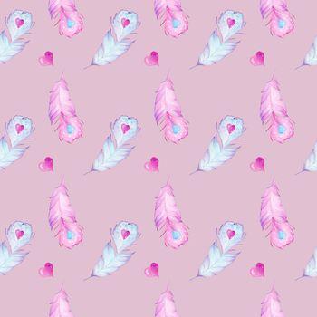 Piórka i serduszka na różowym tle