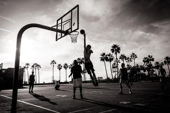 Mecz koszykówki na tle palm