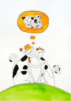 Trzy przytulające się koty