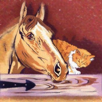 Ilustracja przedstawiająca konia oraz kota