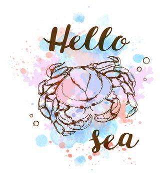 Ilustracja przedstawiająca kraba oraz napis: Hello sea