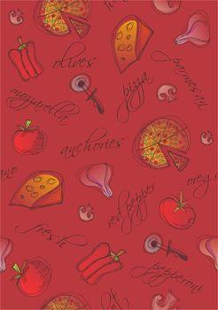 Ilustracja z pizzą na czerwonym tle