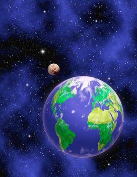 Ziemia na tle księżyca oraz gwiazd