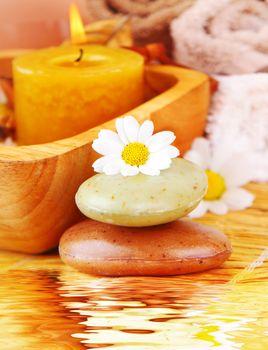 Kwiat na ułożonych kamieniach