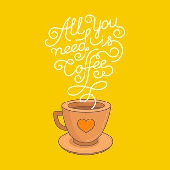 Żółta ilustracja przedstawiająca filiżankę kawy