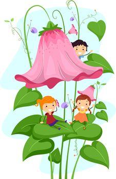 Dzieci bawiące się na zielonych liściach kwiatu