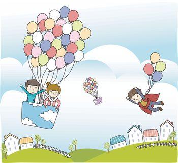 Dzieci lecące balonem. Ilustracja