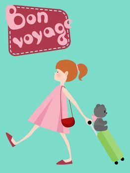 Ilustracja przedstawiająca dziewczynkę z walizką oraz misiem