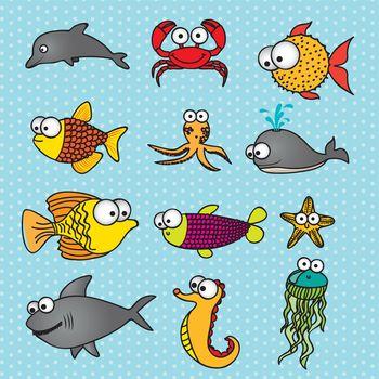 Ilustracja przedstawiająca tropikalne ryby oraz zwierzęta