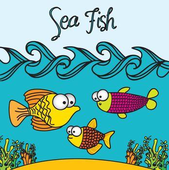 Ilustracja przedstawiająca trzy ryby pływające w morzu
