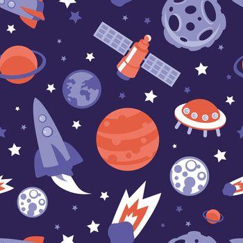 Grafika przedstawiająca, statki kosmiczne, rakiety, planety oraz gwiazdy