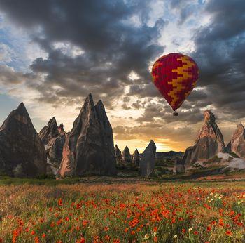 Balon latający nad czerwonym polem maku. Region Cappadocia, Turcja