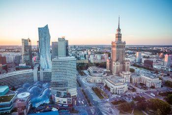 Widok na PKiN i wieżowce, Warszawa. Polska