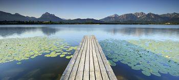 Pomost nad jeziorem w Alpach
