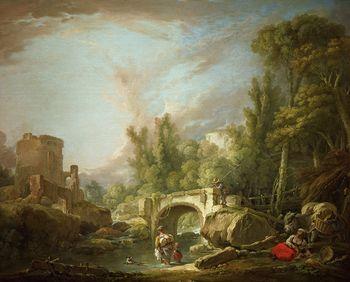 River landscape with ruin and bridge, Boucher