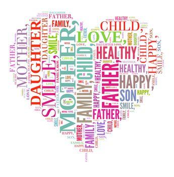 Różne słowa ułożone na kształt kolorowego serca