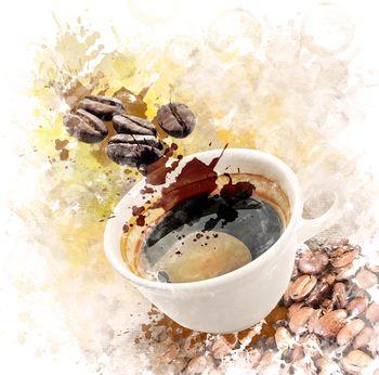 Rysunek filiżanki i ziarnka kawy