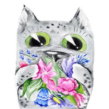 Szary kot z kolorowymi kwiatami