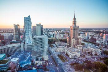 Widok na PKiN i wieżowce, Warszawa. Polska