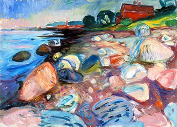 Shore with red house, Munch