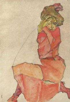Kneeling female in orange-red dress, Schiele