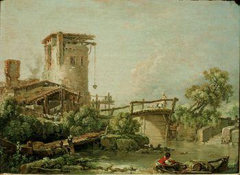 Landscape with Tower and Bridge, Boucher