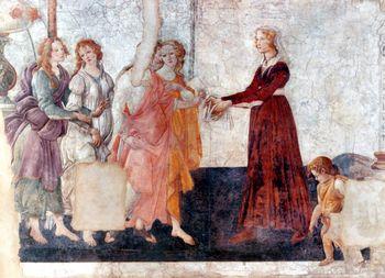Venus and the three Graces presenting gifts to a young woman, Botticelli