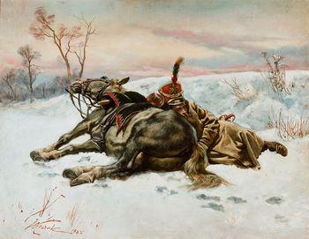 Huzar francuski z koniem na śniegu, Wojciech Kossak